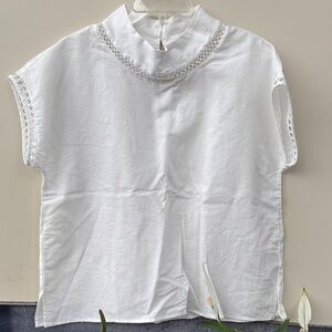 LINTICO Women's White Linen Blend Lace-Trim Mock Neck Top